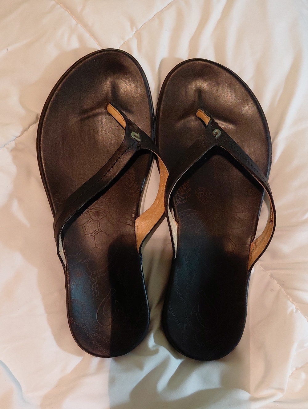 OLU KAI Women’s Dark Brown Leather Flip Flop Sandals With Turtle Designs
